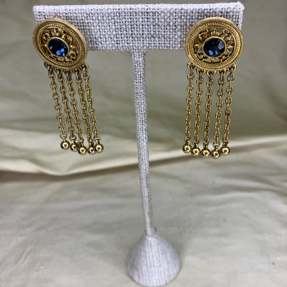 Gold 1928 Tassel Drop Earrings with Sapphire Blue Crystals